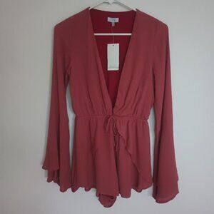 TOBI WOMEN'S LONG SLEEVE SHORT ROMPER RUFFLE SLEEVES HEM ELASTIC WAIST SIZE XS